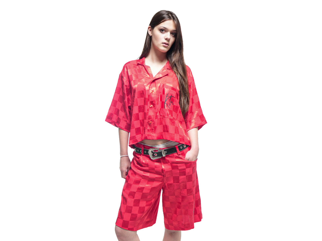 Ensemble short chemise en Bazin rouge