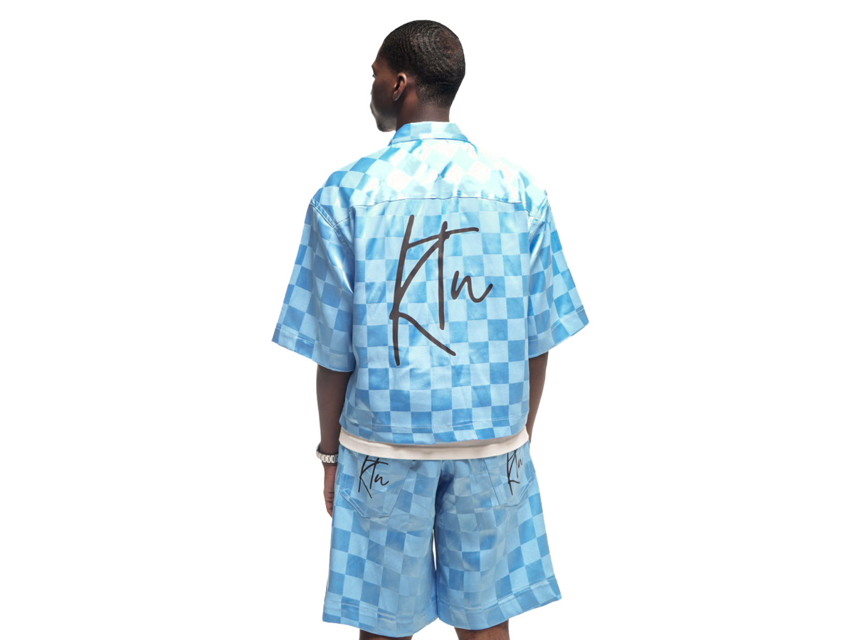 Ensemble en short chemise bazin bleu claire