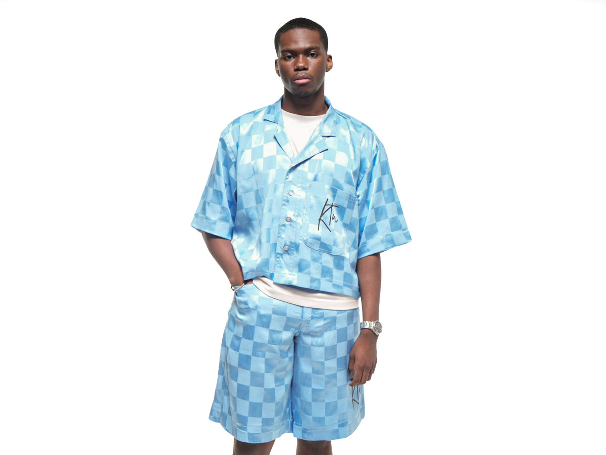 Ensemble en short chemise bazin bleu claire