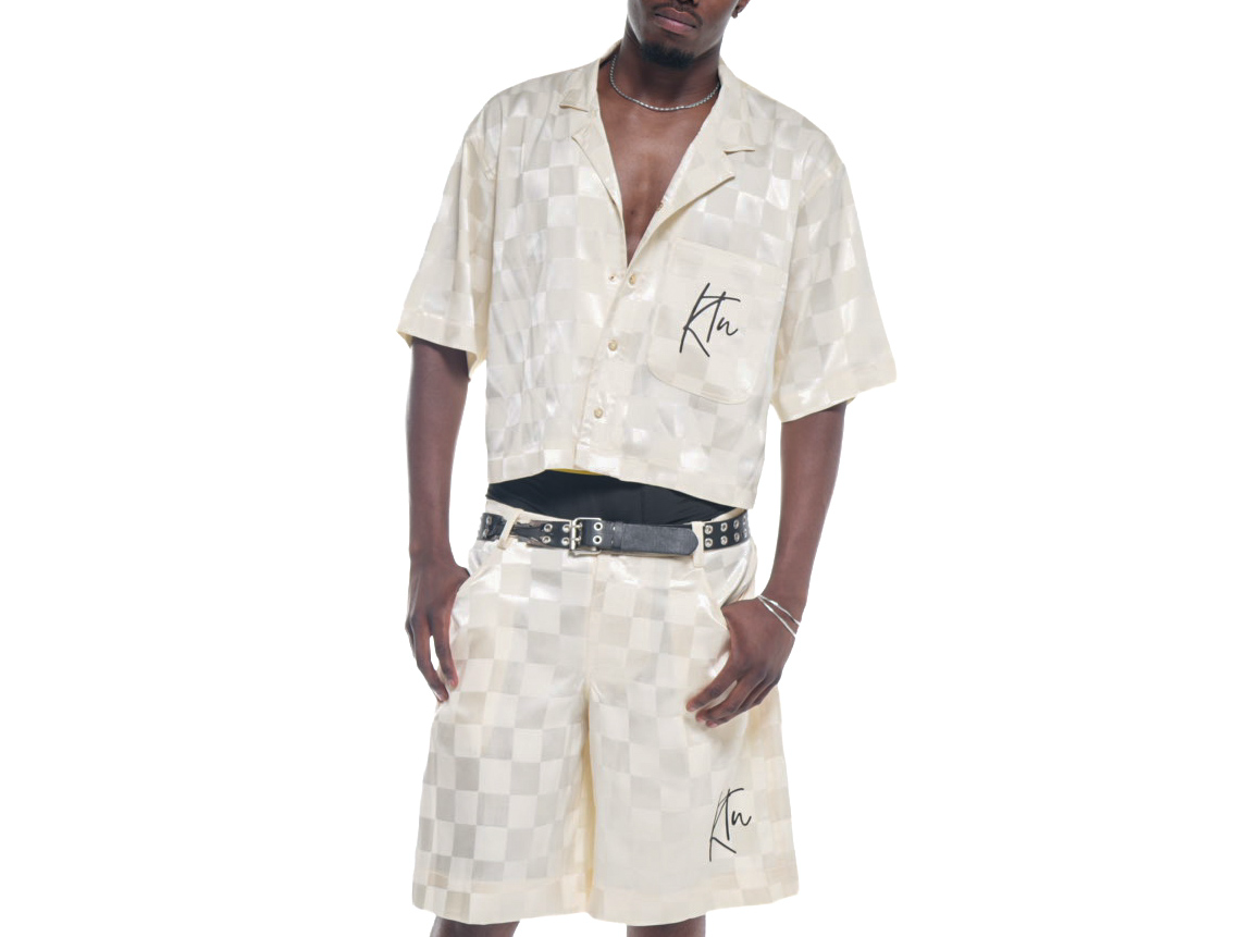 Ensemble short chemise en Bazin beige