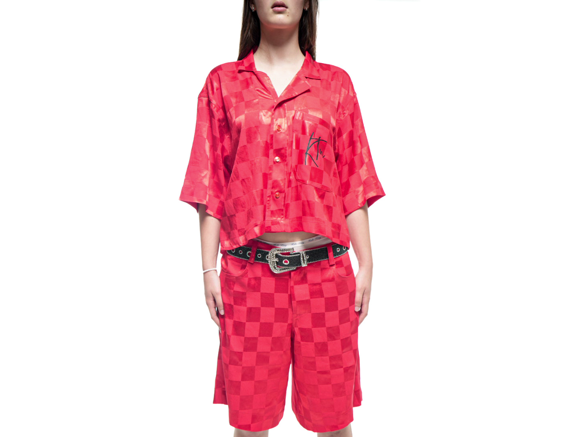 Ensemble short chemise en Bazin rouge